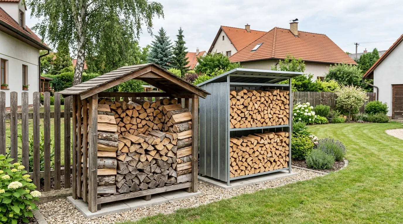 Dřevěný a kovový dřevník vedle sebe – srovnání