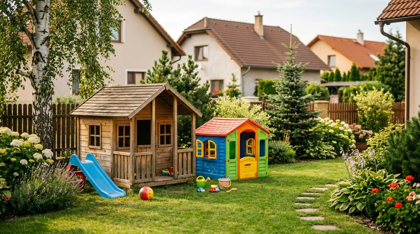 Dřevěný a plastový dětský domeček na zahradě – srovnání