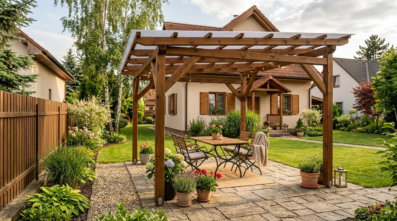 Volně stojící zastřešená pergola na terase s odstupem od plotu