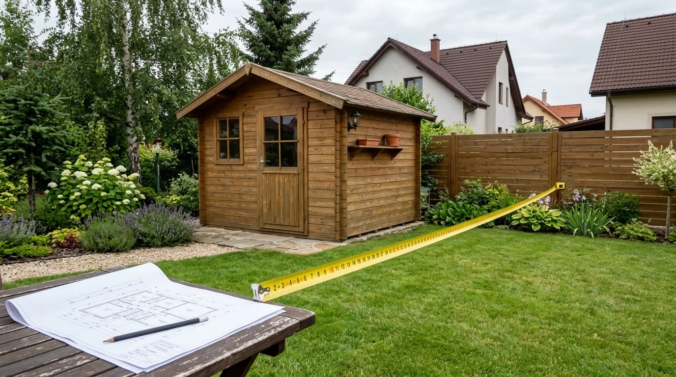 Zahradní domek s měřením odstupu od hranice pozemku a plánkem pozemku