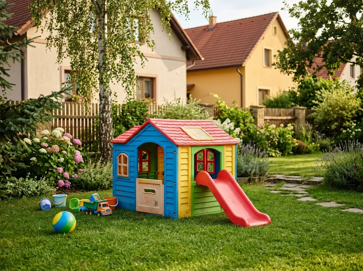 Barevný plastový domeček se skluzavkou na trávníku, míč a hračky opodál