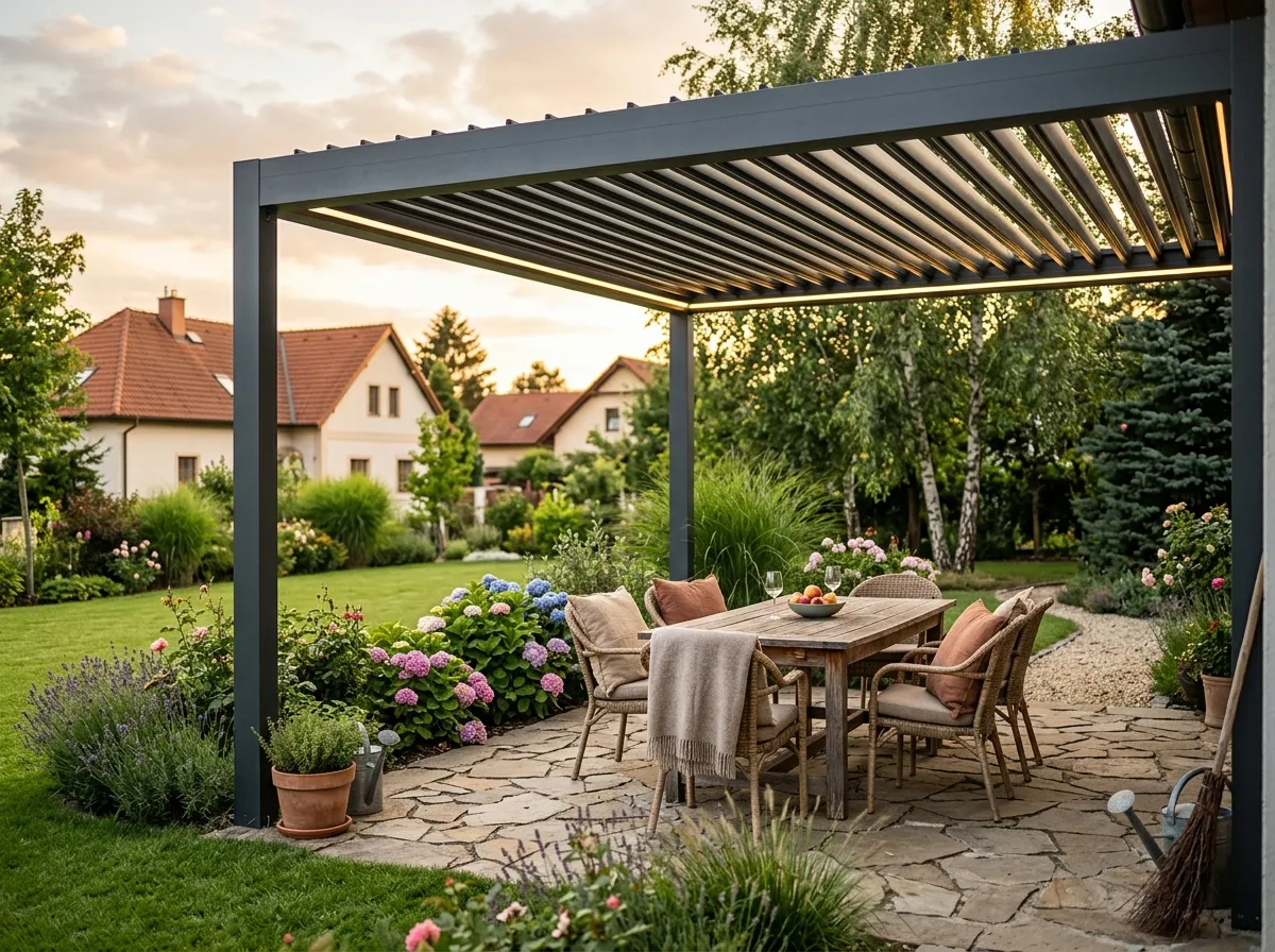 Hliníková pergola s nastavitelnými lamelami nad terasou ve večerním světle
