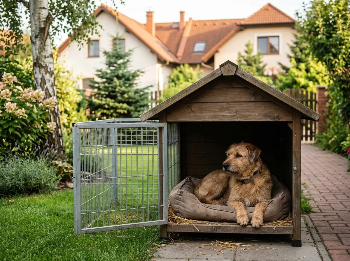 Dřevěný kotec s výběhem a odpočívajícím psem