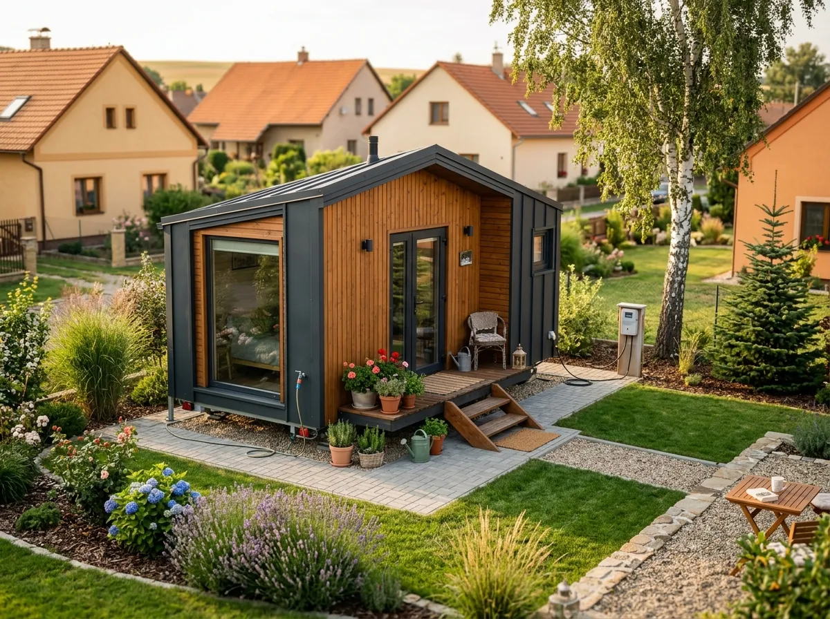 Moderní mobilheim na upraveném pozemku s přípojkami ve zlatém světle