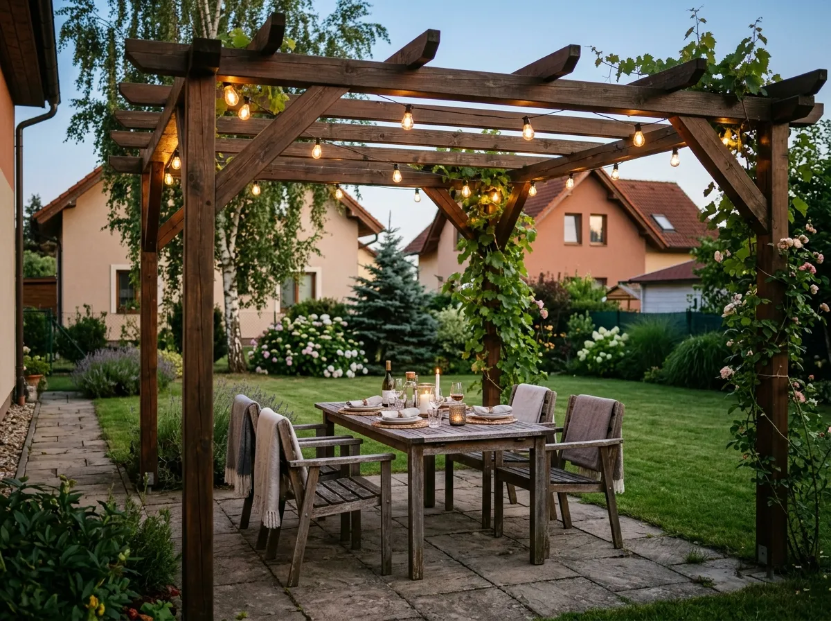 Hotová dřevěná pergola se světelným řetězem nad stolem na terase za soumraku