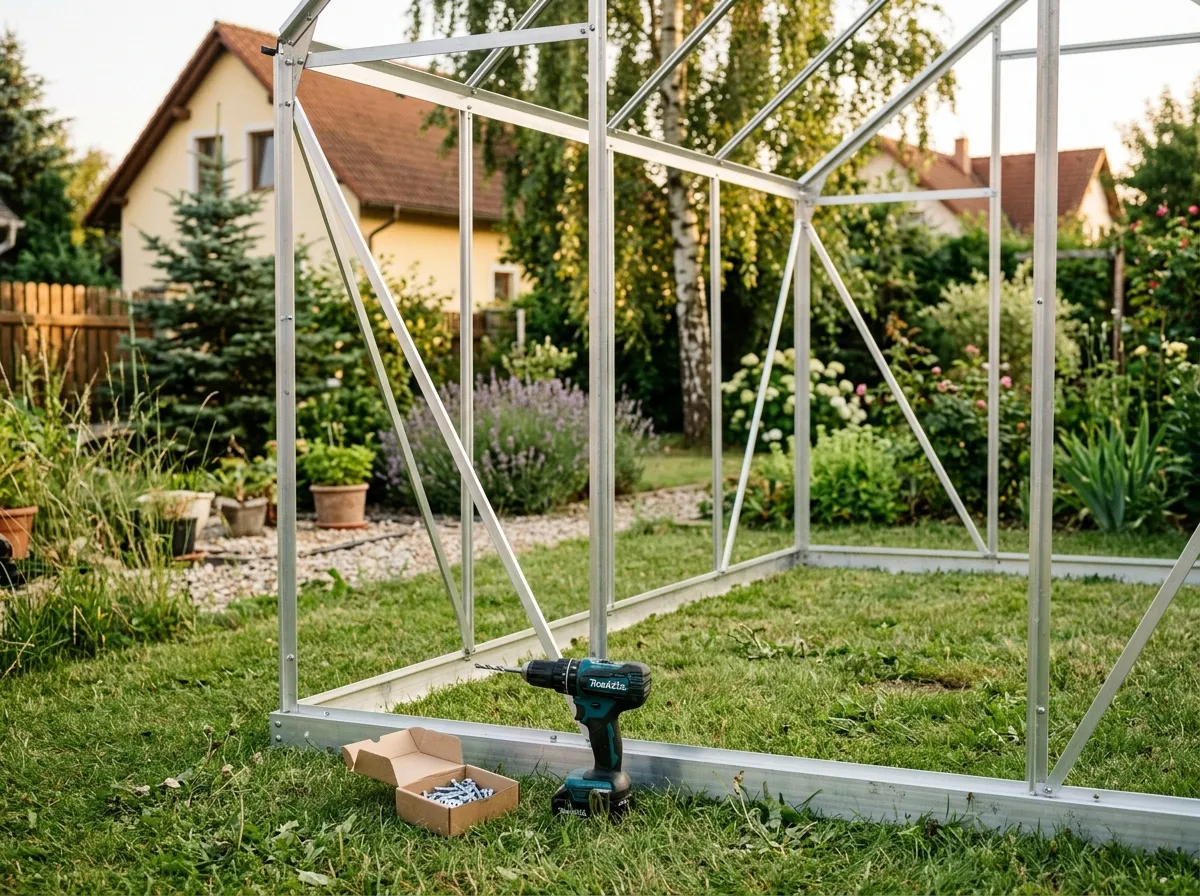 Rozestavěná hliníková konstrukce skleníku s aku vrtačkou a šrouby na trávě
