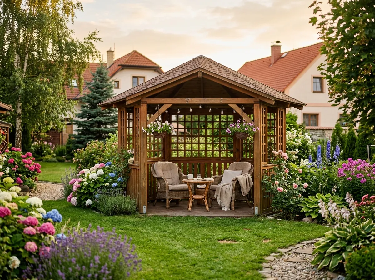 Elegantní dřevěný altán na trávníku obklopený květinami ve zlatém světle