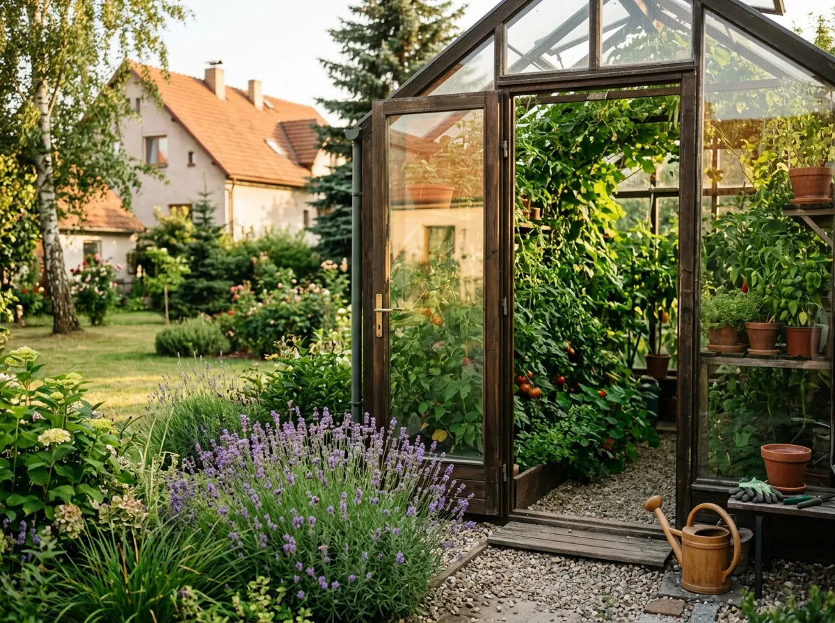 Otevřené dveře skleníku s bujnou zelení uvnitř, levandule v popředí