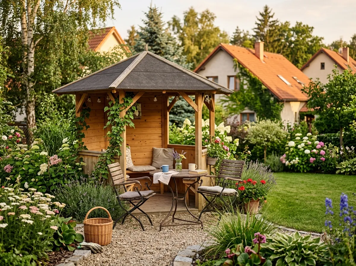 Levný malý dřevěný altán s bistro stolkem a dvěma židlemi ve skromné zahradě