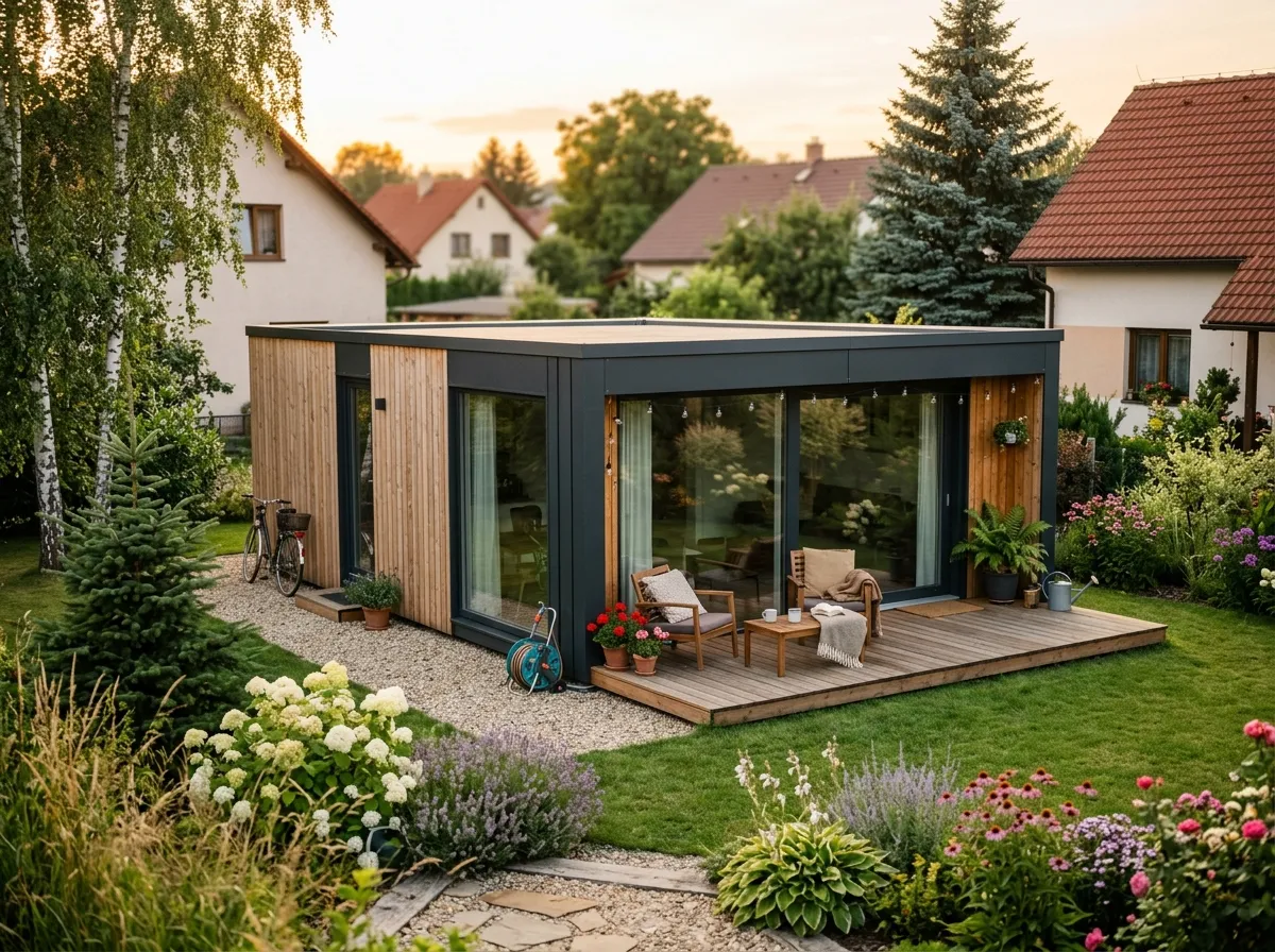Exteriér moderního modulového domu s čistými liniemi v zahradě