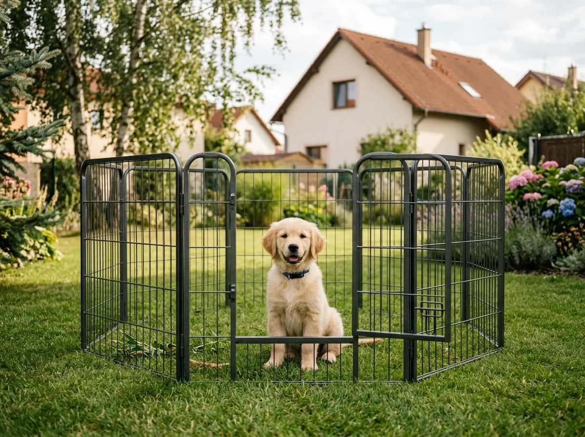 Štěně v bezpečné venkovní ohrádce na trávě