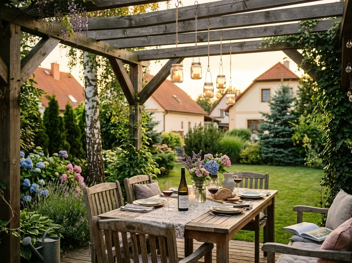 Dřevěná pergola nad prostřeným stolem s lucernami ve zlatém světle