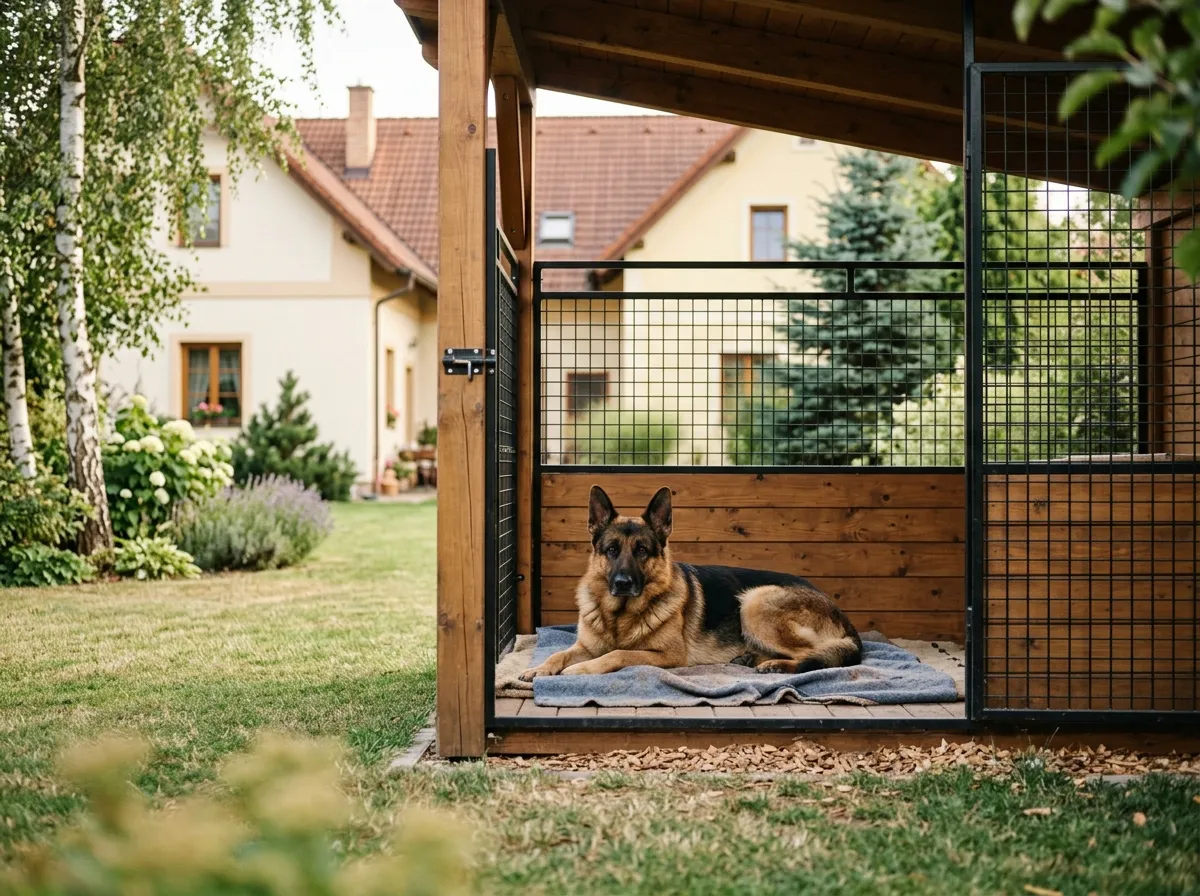 Německý ovčák ve velkém prostorném kotci pro velká plemena
