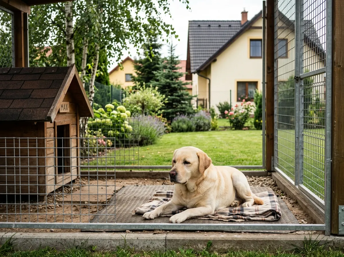 Labrador odpočívá ve výběhu kotce pro velká plemena