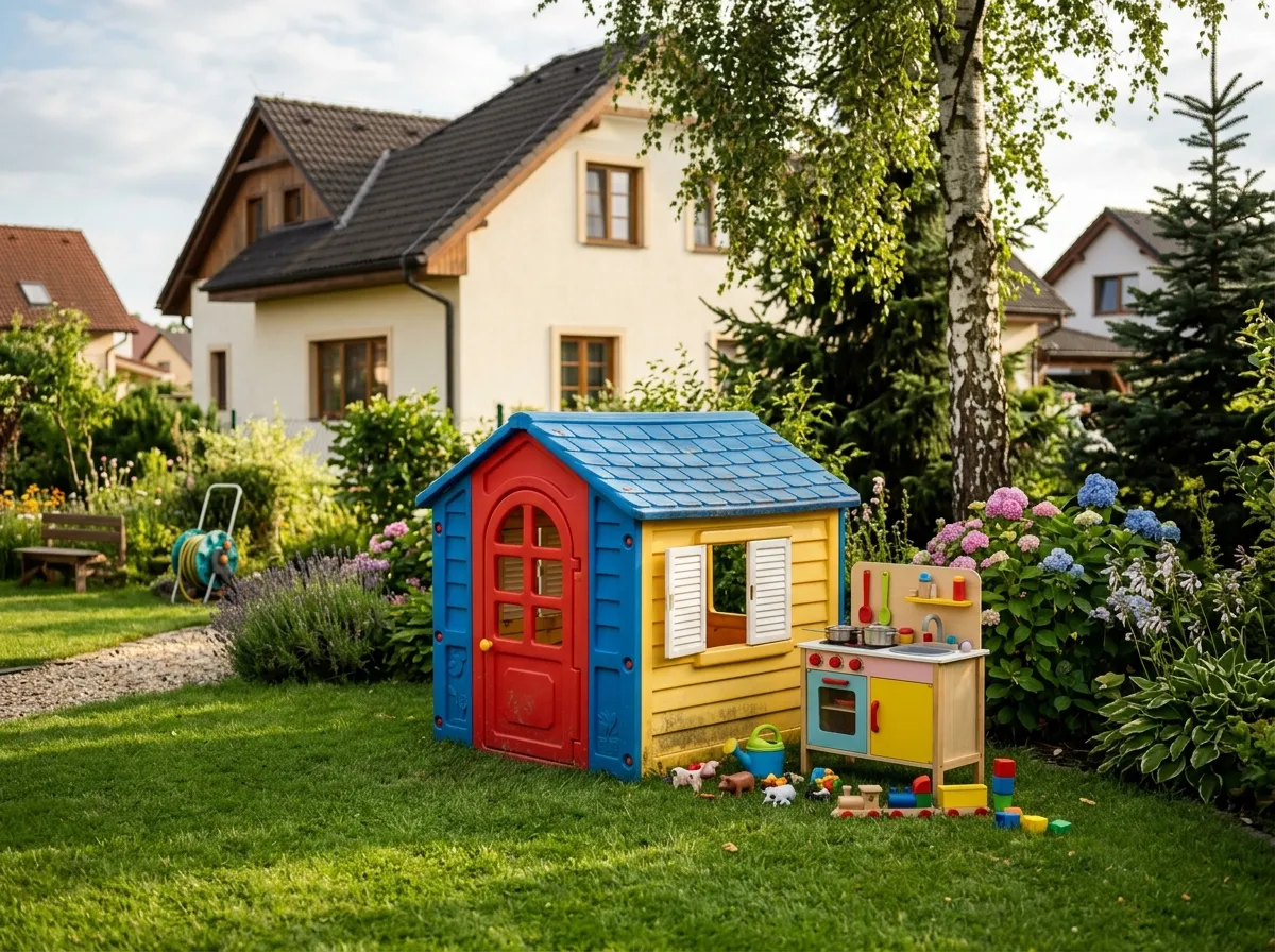 Barevný plastový domeček s dětskou kuchyňkou a hračkami ve slunné zahradě